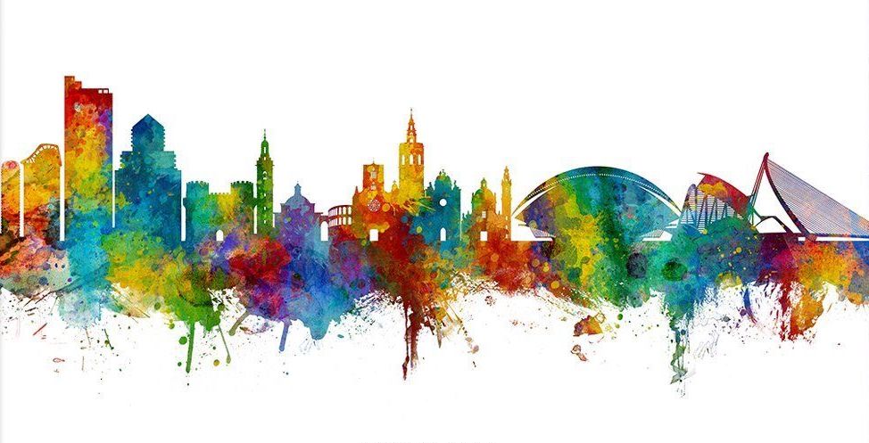 Valencia Skyline multicolor – Marco color roble _ 60×90 _ Passepartout blanco
